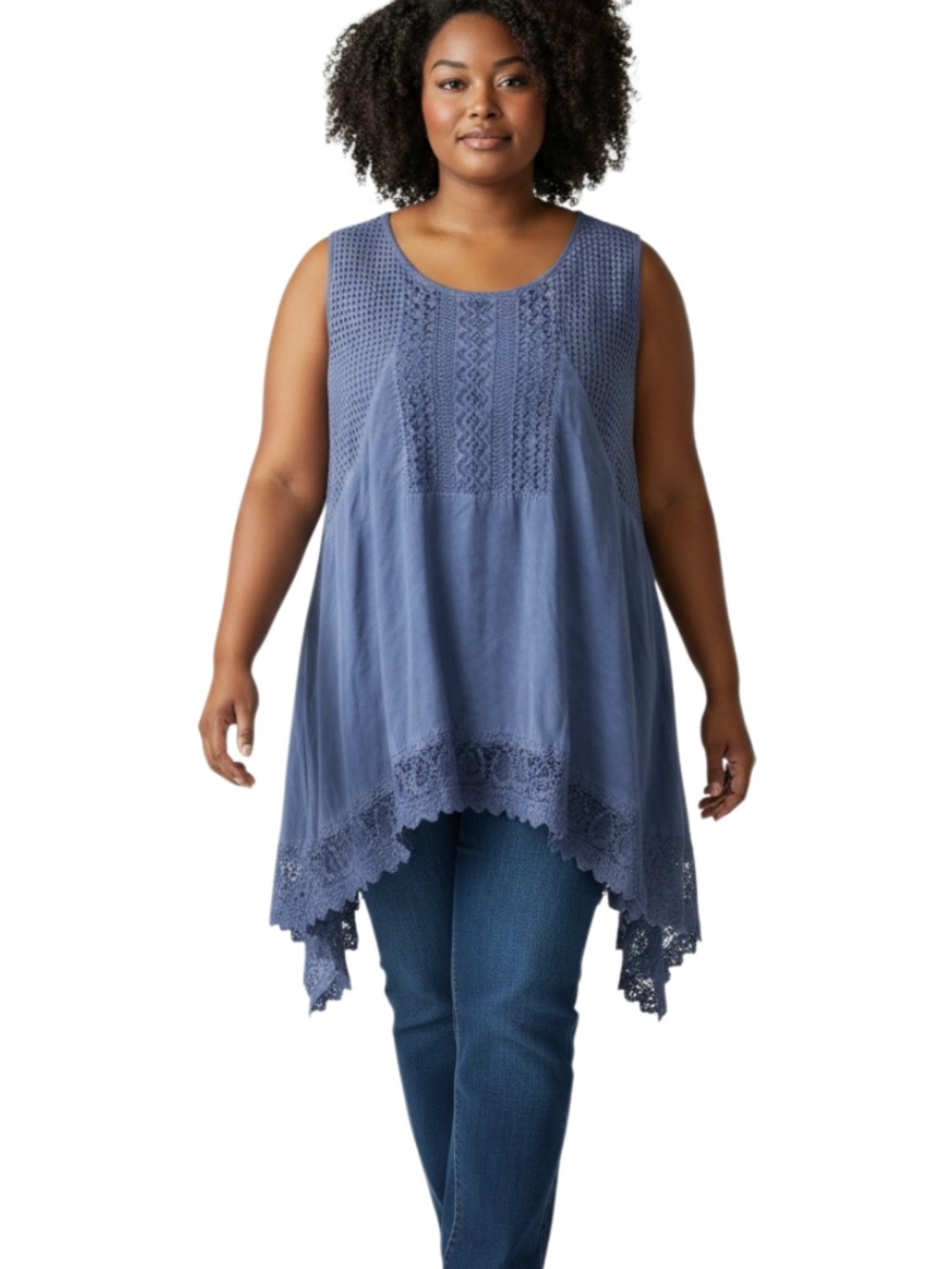 Agnes & Dora Dusty Blue Crochet-Trim Sleeveless Handkerchief Tunic